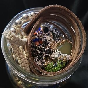 Mystrious Jewelry Jar Assorted Jewelry Collection with Brown Leather Bracelet